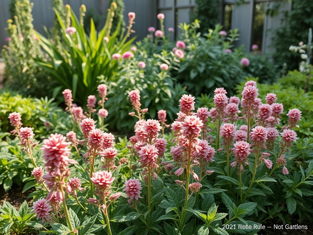 Ruimtelijke tuin met bloeiende en gesnoeide loodkruidplanten onder zachte ochtendzon.