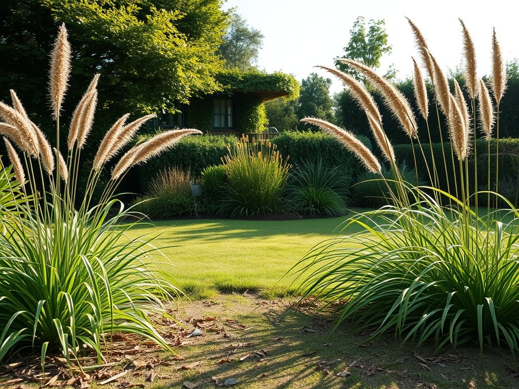 Rustige tuin met siergrassen die gesnoeid worden in zacht ochtendlicht.