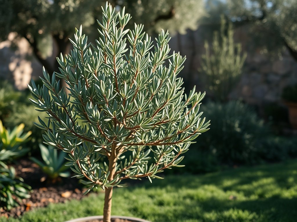 Fris gesnoeide olijfwilg in een sfeervolle mediterrane tuin bij zacht zonlicht.