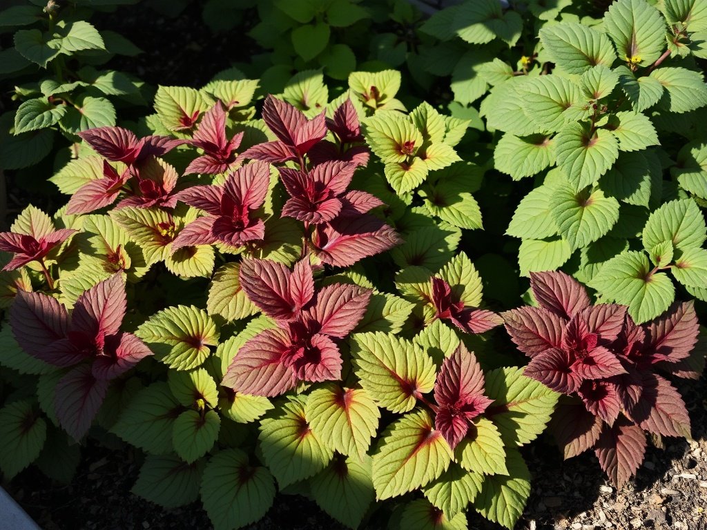 Tuin met verschillende Heuchera planten met recent gesnoeide takken in ochtendlicht.